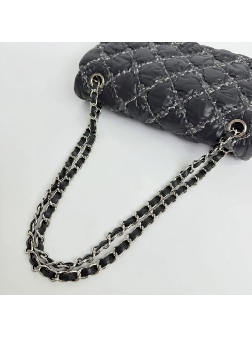 Chanel Quilted Tweed on Stitch Bubble Flap Shoulder Bag Nylon Black Silver Seal